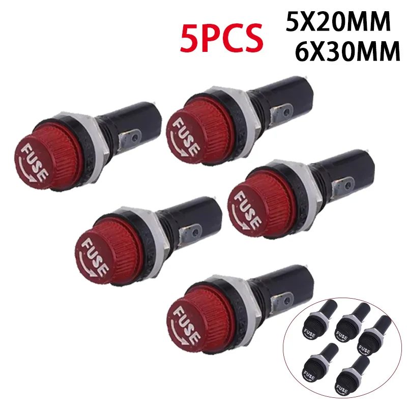5Pcs 5x20 6X30mm Sicherung Halter Schwarz Versicherung Rohr Buchse Sicherung Halter 10A 250V AC 15A 125V AC Für 5*20 6*30MM Versicherung Panel