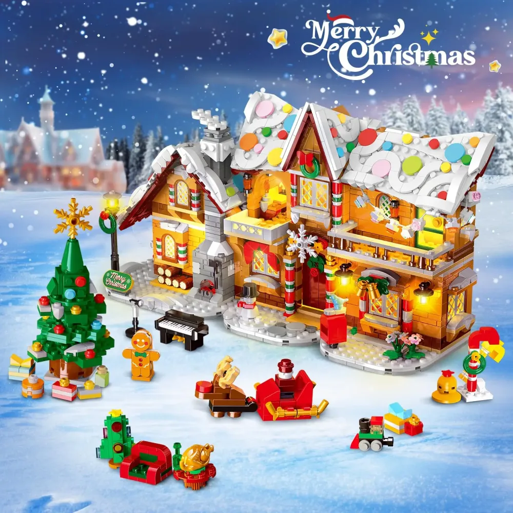 2025 Weihnachts-Lebkuchenhaus-Bauspielzeug mit LED-Licht, 3 Stilmodi, Block mit Weihnachtsmann, Weihnachtsbaum, Zug für Erwachsene und Kinder ab 8 Jahren