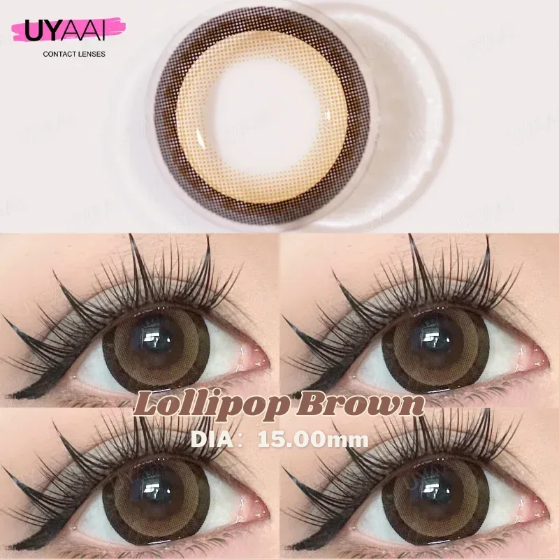 UYAAI 15,0 mm farbige Kontakte, braune farbige Linse, großer Durchmesser, koreanische Mode, große Augen, Schönheit, blaue Linse, freies Etui, große Augen