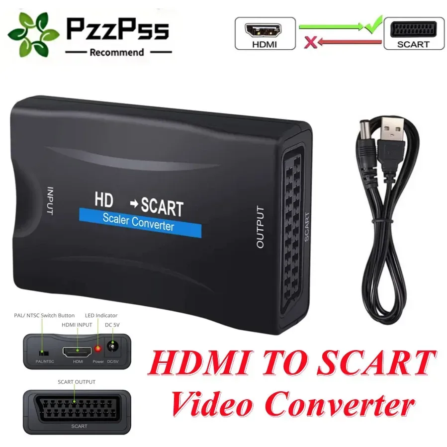 HDMI zu SCART HD 1080P Video Audio Adapter Universal Konverter Adapter für HD TV DVD Box Geringer Stromverbrauch mit Stromkabel