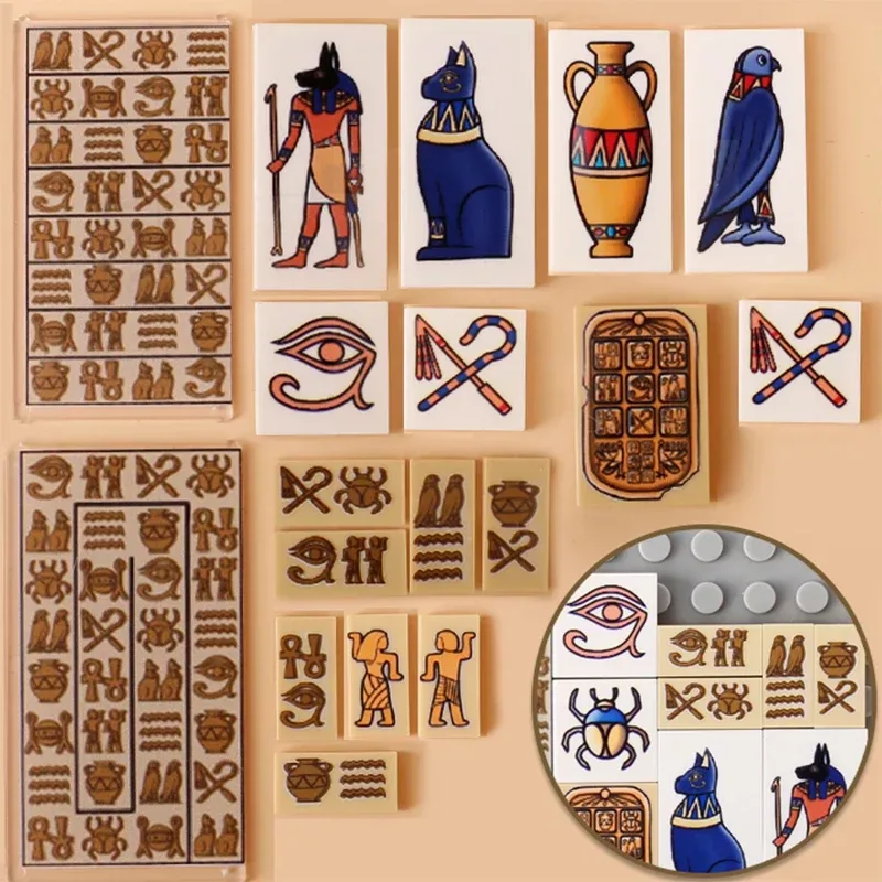 MOC Wand Ägypten Wandbild Gedruckt Bausteine Ägyptischen Stein Topf Relief Fliesen Ziegel Montieren Spielzeug Geschenk