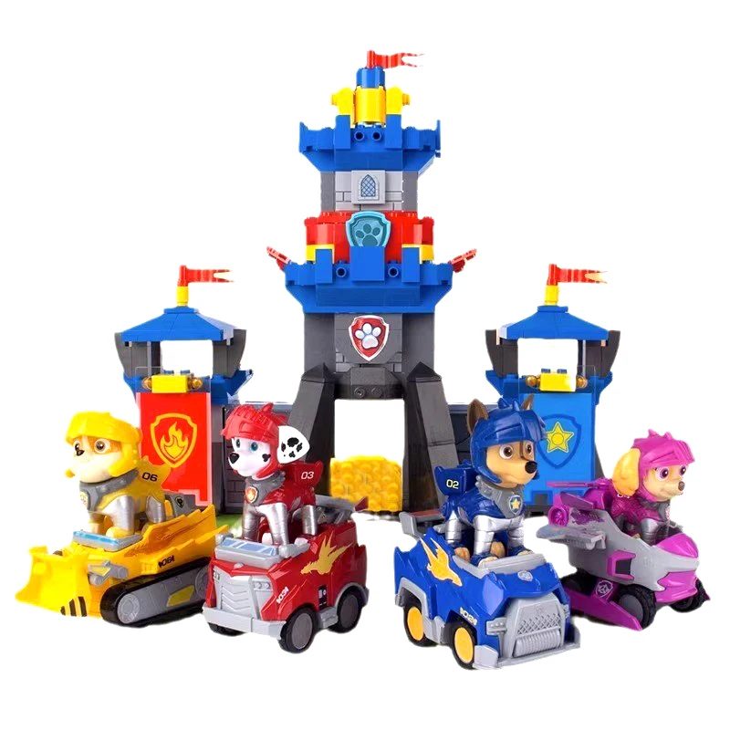 PAW Patrol Ritterburg-Bausteine-Set mit 4 Welpen-Rückziehautos, Lernspielzeug für Kinder, Geburtstagsgeschenk
