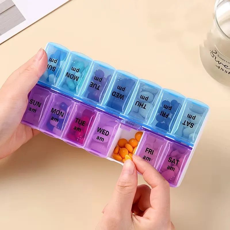 Zweireihige Verpackung, 14-Tage-tragbare, praktische Medikamentenbox, 7 Tage pro Woche, großes Fassungsvermögen, Aufbewahrungsbox für Medikamente