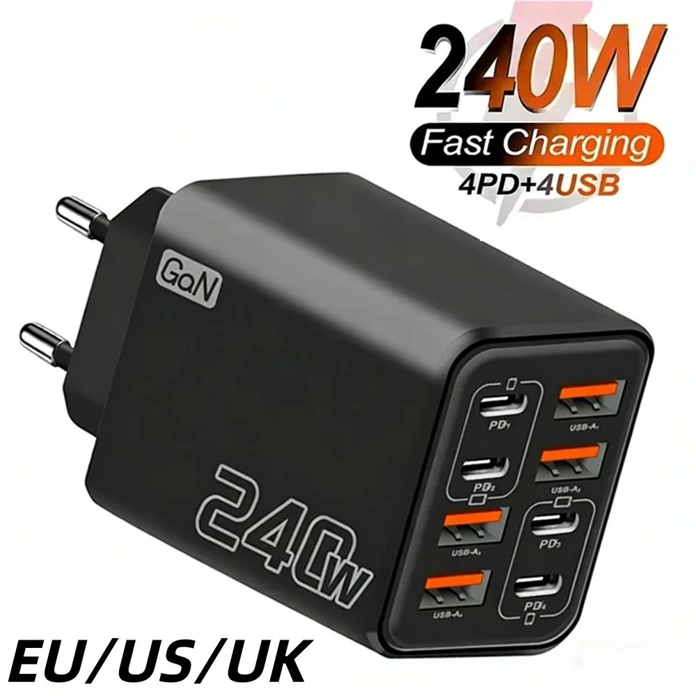 240W 8-in-1 USB-C GaN-Ladegerät, schnelles Ladegerät, Netzteil für iPhone, Samsung, Xiaomi, EU/US/UK-Stecker, Reiseladegerät