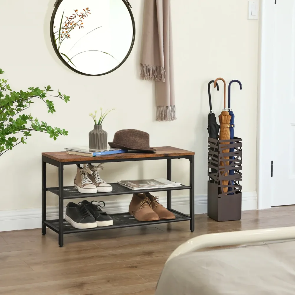 VASAGLE Schuhbank, 80 x 30 x 44,5 cm, Schuhschrank mit 2 Ebenen aus Netzstoff, Schuhregal, für Eingangsbereich