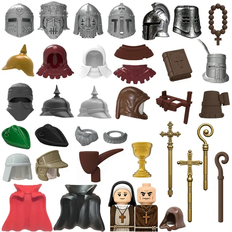 MOC Figuren Körperteile Bausteine Mittelalterliche Ritter Helm Bart Empire Hut Umhang Axt Hammer Sichel Mini-Bausteine Spielzeug Geschenke