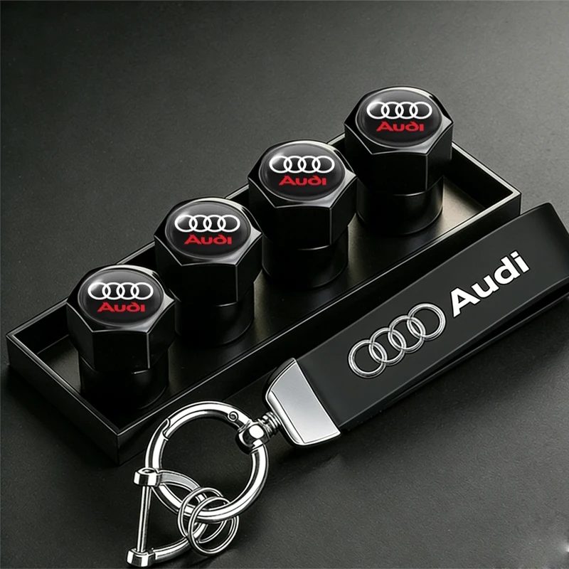 Auto-Reifenventilkappen-Abdeckungen aus Leder mit Schlüsselanhänger für Audi Sline A1 A3 A4 A5 A6 A7 A8 Q2 Q3 Q5 Q7 Q8 TTS B8 B6