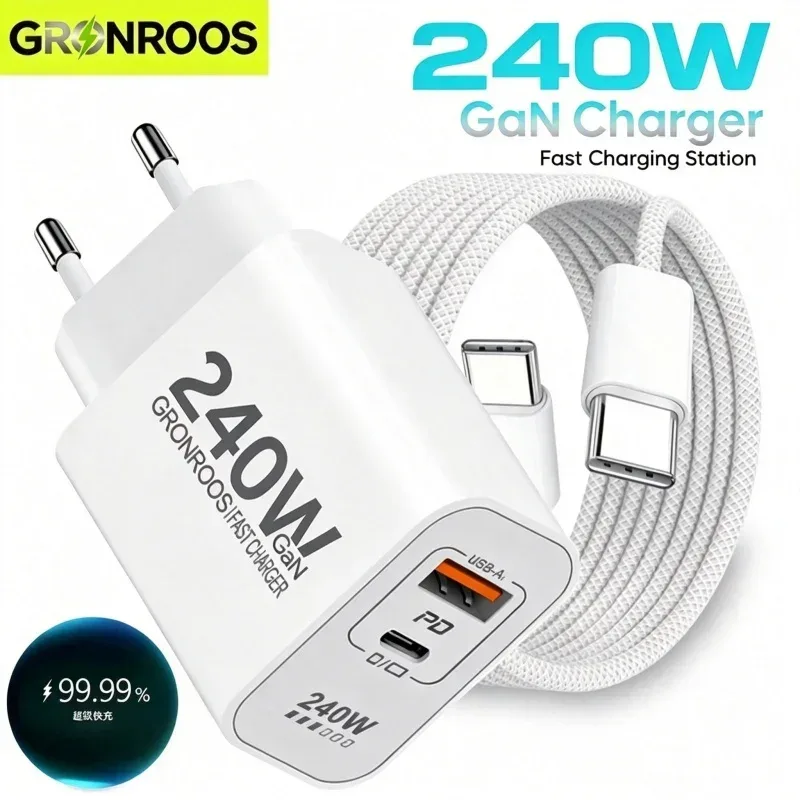 240W GaN PD USB-C Ladegerät für iPhone 17 16 15 14 13 12 Pro Max, QC 3.0 PD 3.0 USB Typ C Schnellladegerät für Xiaomi Poco iPad
