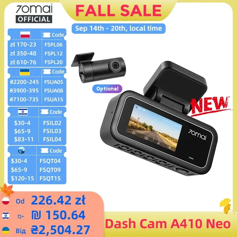 ?Neu?70mai Dashcam A410 Neo 2.5K HDR+1080P Superkondensator F1.6 Blende GPS 24-Stunden-Parkmodus Max. 256GB Auto-DVR 70mai A410 Neo