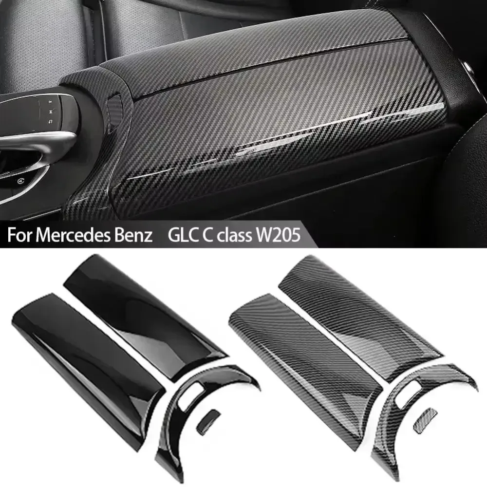 4-teilige Kohlefaser-Armlehnenbox-Abdeckung mit Schalterknopf für Mercedes Benz GLC X253 C-Klasse W205