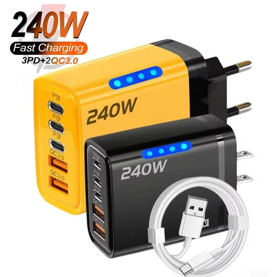 5 in 1 GaN USB C Desktop Ladegerät 240 W Schnellladung Telefon Adapter 10A Typ C Kabel für iPhone Samsung Xiaomi EU/US/UK Stecker Ladegerät