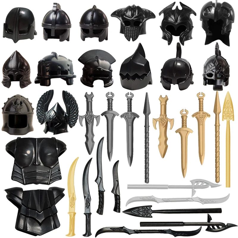 Mittelalterlicher Ritter Römischer Krieger Soldat Waffen Zubehör Bausteine Helme Rüstung Speer Schwert Zusammenbaubare Partikel Bausteine Spielzeug