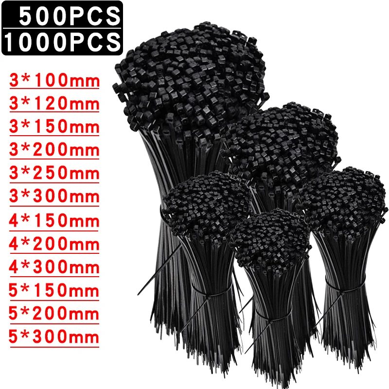 500/1000pcs selbstsicher nde Kunststoff-Nylon binder schwarze Reiß verschluss bänder Riemen Nylon-Kabelbinder-Set Befestigungs ring Schlaufe Draht wickel