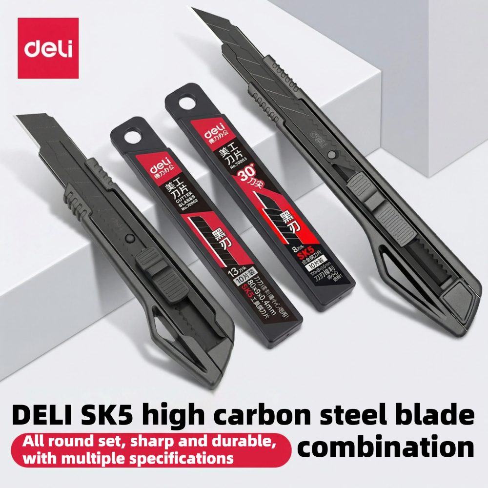 Deli Hochleistungs-Universalmesser 9mm/18mm Scharfer Schwarzer SK5 Kohlenstoffstahl Automatisch Einziehbarer Kartonschneider für Pappe und Kartons