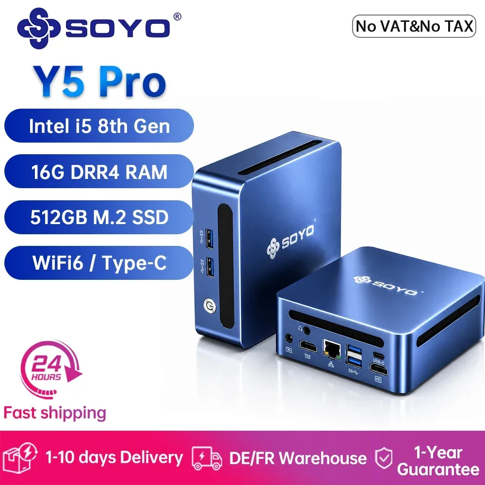 SOYO Mini-PC Y5 Pro Intel i5 8. Generation 16GB DDR4 RAM 512GB M.2 SSD Win11 Pro Mini-Desktop-Computer Dual 4K Display WiFi 6 Type-C