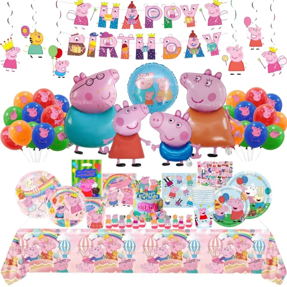 Peppa Pig Geburtstagsparty-Dekorationsset mit George-Luftballons, Einweggeschirr, Banner und Hintergrund ? Kinder-Event-Zubehör und Geschenk