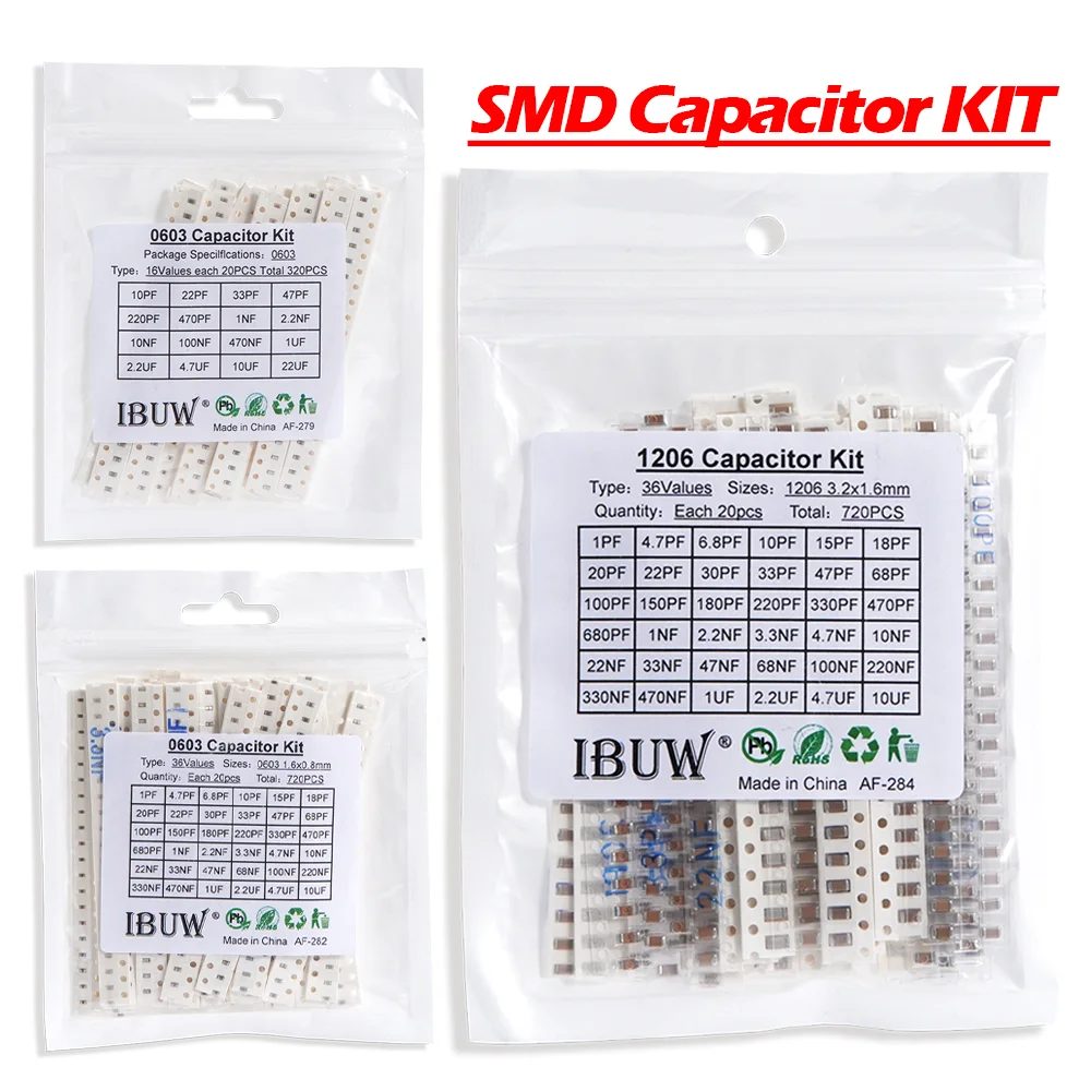 36 Werte 1pF-10uF Elektronisches Kondensator-Set 1206 SMD-Keramikkondensator-Sortimentsset 22PF 47PF 22NF 100NF 2,2UF 4,7UF 0603 0805