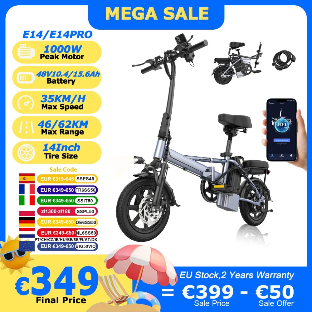 2025 Neues AOVOPRO E14/E14Pro Elektrofahrrad 1000 W Spitzenmotor 14 Zoll 48 V 15,6 Ah 62 km große Reichweite 35 km/h faltbar mit App EBike