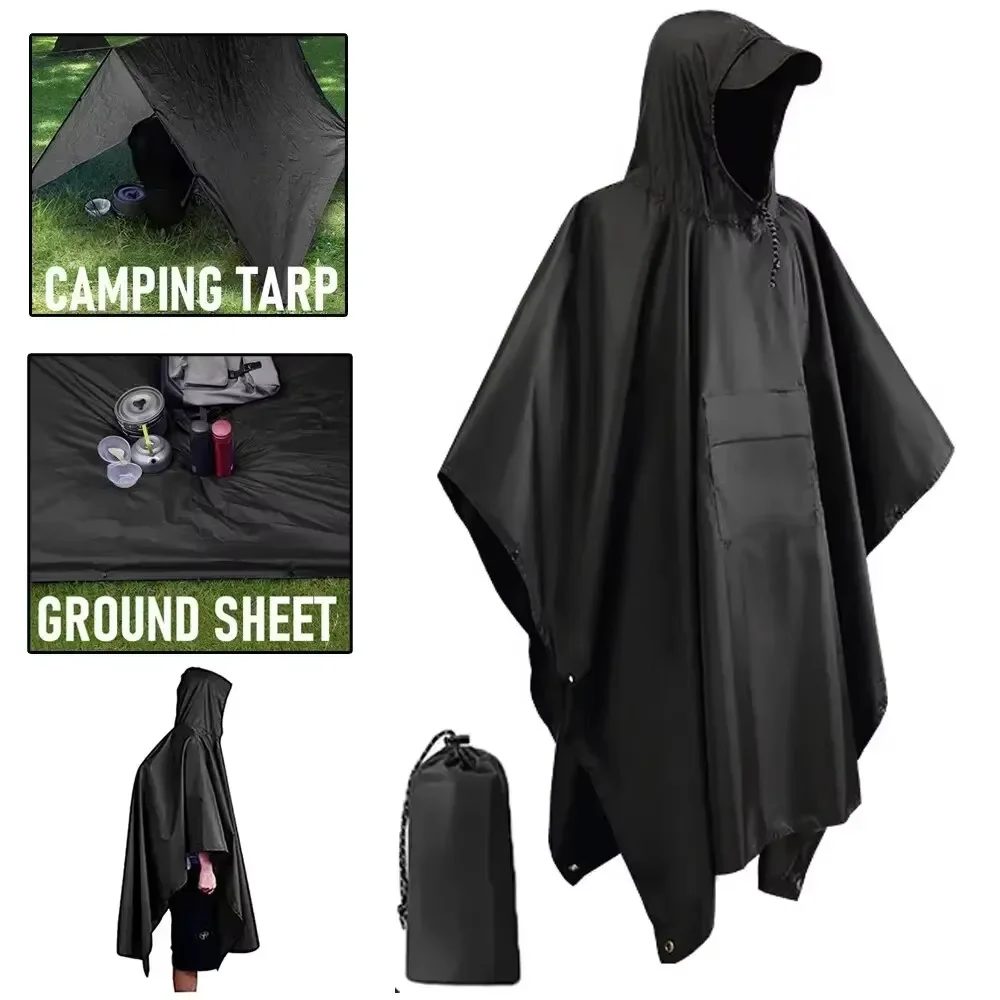 3-in-1 Outdoor-Militär-Regenmantel mit Kapuze und Ärmeln, wasserdichter Regenponcho, Motorrad-Regenschutz, Camping, Wandern, Reisen, Regenbekleidung, Zelt