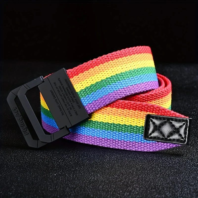 Siebenfarbiger Regenbogen-Canvas-Gürtel mit doppelter Ringschnalle für Damen und Herren, lässiger Hosengürtel