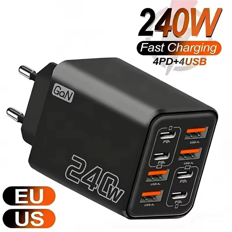 240W GaN USB-C-Ladegerät 8-in-1 Schnellladegerät für iPhone, Samsung, Xiaomi, Typ-C, EU/US-Stecker, Wandladegerät