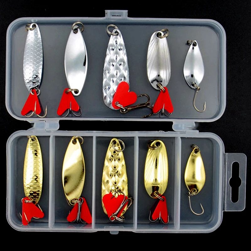10 Teile/satz Gold Und Splitter Metall Jig Löffel Spinner Angeln Locken Wobbler Köder Set mit Angelgerät Box Kit Für angeln