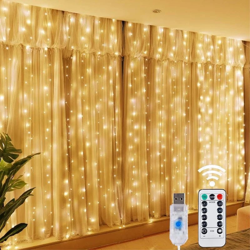 Weihnachtsbeleuchtung, LED-Feen-Lichterkette, Vorhang, Lichter, 8-Modus, Fernbedienung, USB, Girlande, Weihnachtsdekoration für Zuhause, Urlaub, Neujahr, Lampe