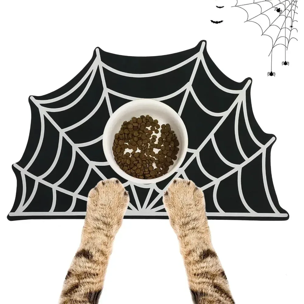 Halloween-Haustiermatte für Lebensmittel, Wasser, Futtermatte, Spinnennetz für Hunde, Katzen, Schüssel, Anti-Flecken, schnell trocknend, leicht zu reinigen, Boden-Tischset für den Innenbereich