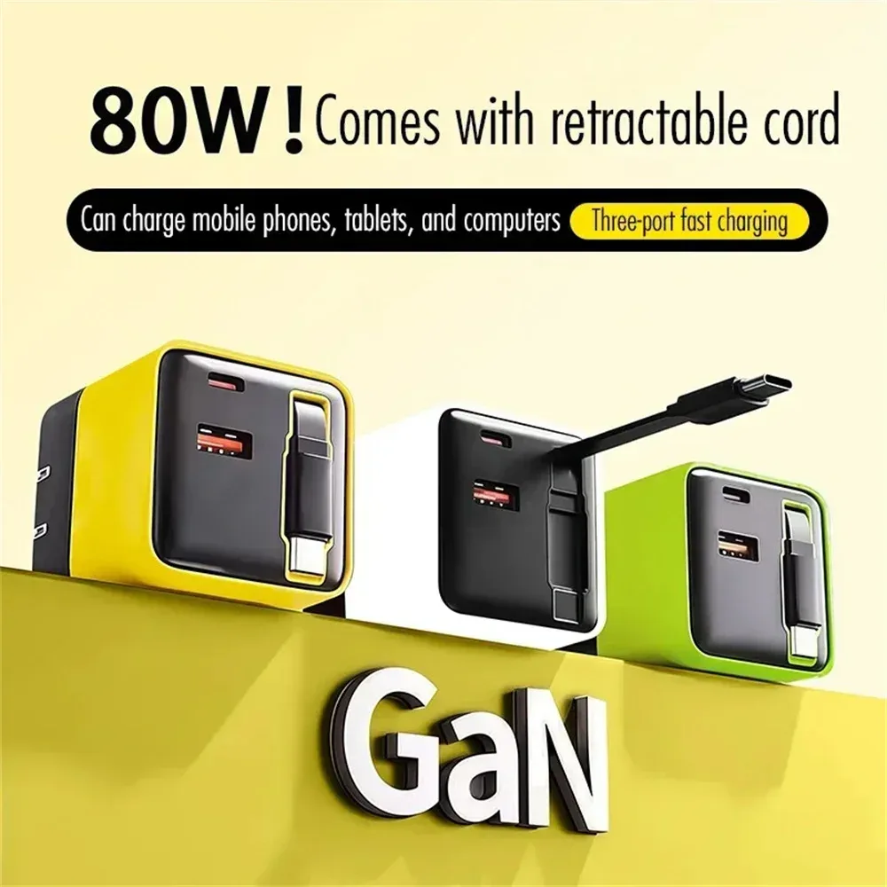 80W GaN USB C Schnellladegerät Einziehbares Kabel Telefonladegerät Adapter für iPhone Samsung Xiaomi Huawei EU/US/UK Stecker Schnellladegerät