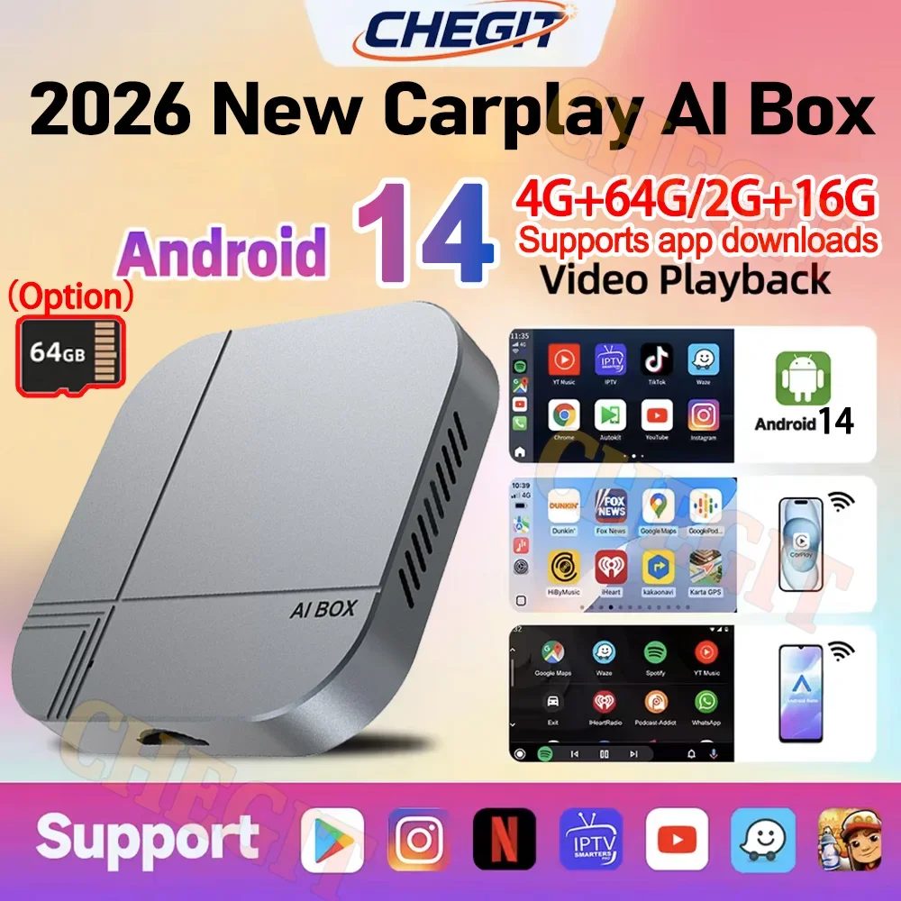 2026 Android AI Box 4G+64G/2G+32G Kabelloser CarPlay-Adapter Android Auto TV-Box für YouTube Netflix für VW Toyota Hyundai Ford
