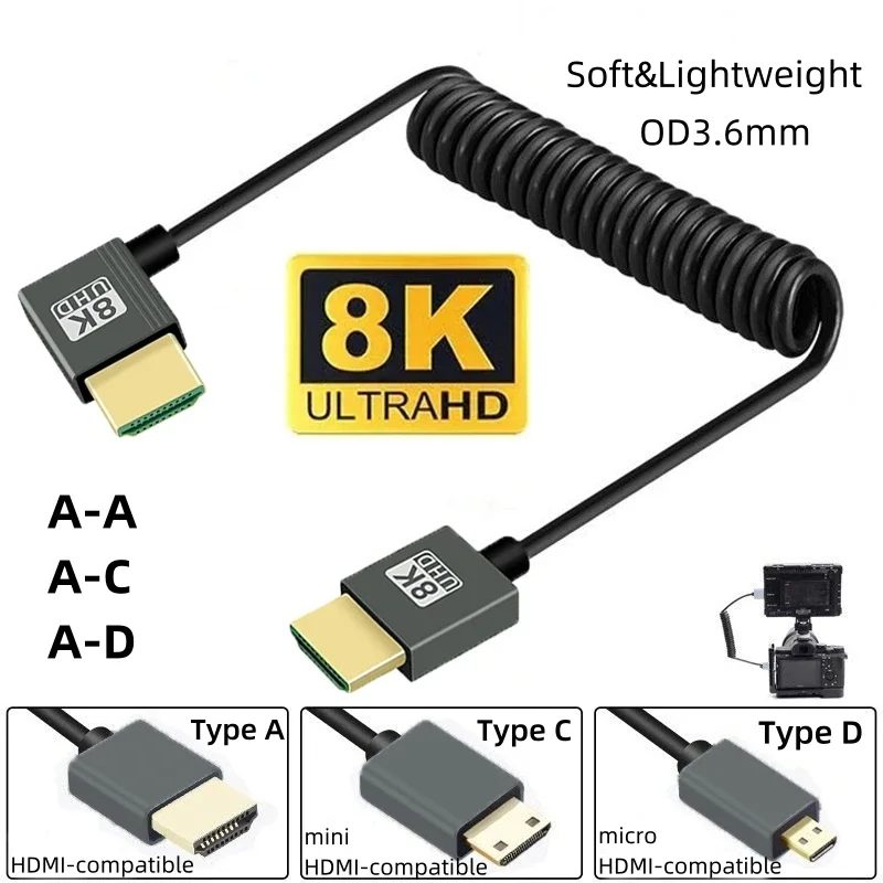 8K UHD Kabel High Speed HDMI-kompatibel Mini/Micro HDMI-kompatibel Spiralkabel für HDTV Laptop PC PS4 Kamera DV Monitor Display