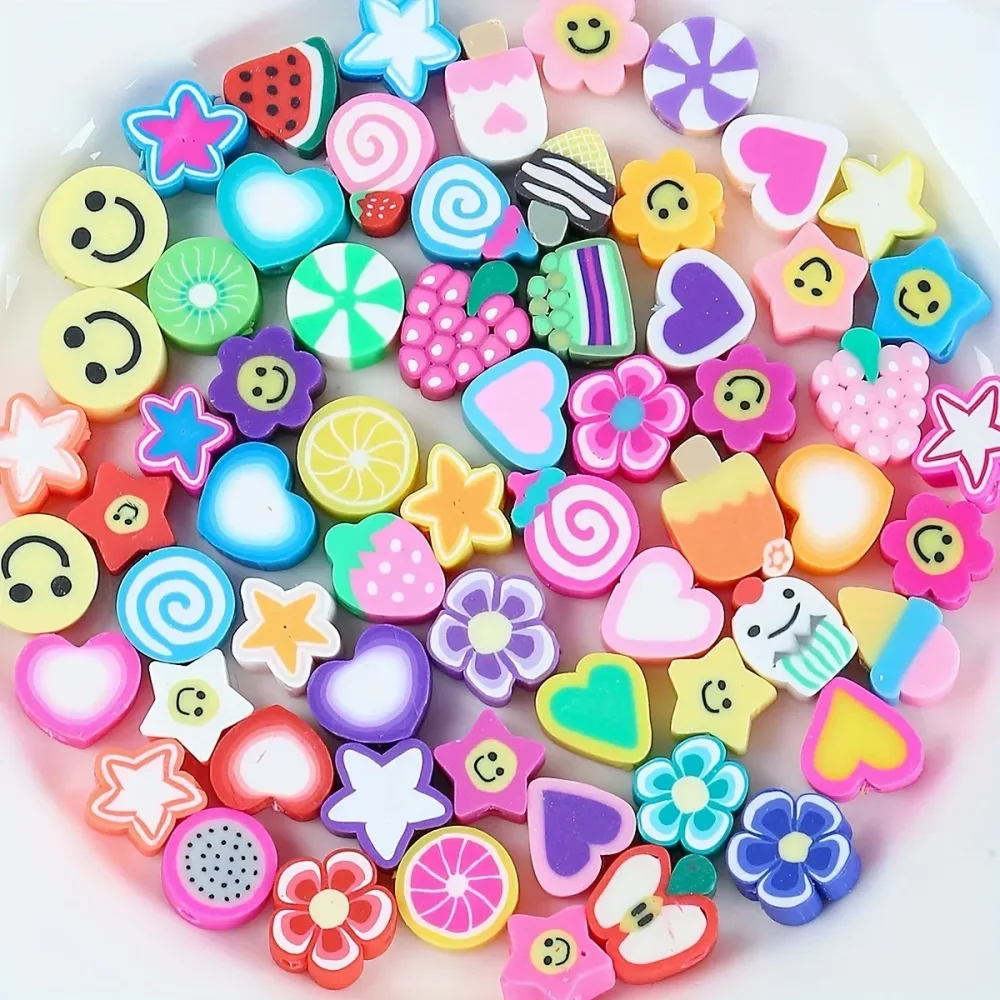 1 Packung 30/100 Stück zufällige Polymer-Ton-Sterne, Obst, Blumen, Herz und Perlen für Frauen, DIY-Armband, Halskette, Schmuckherstellung