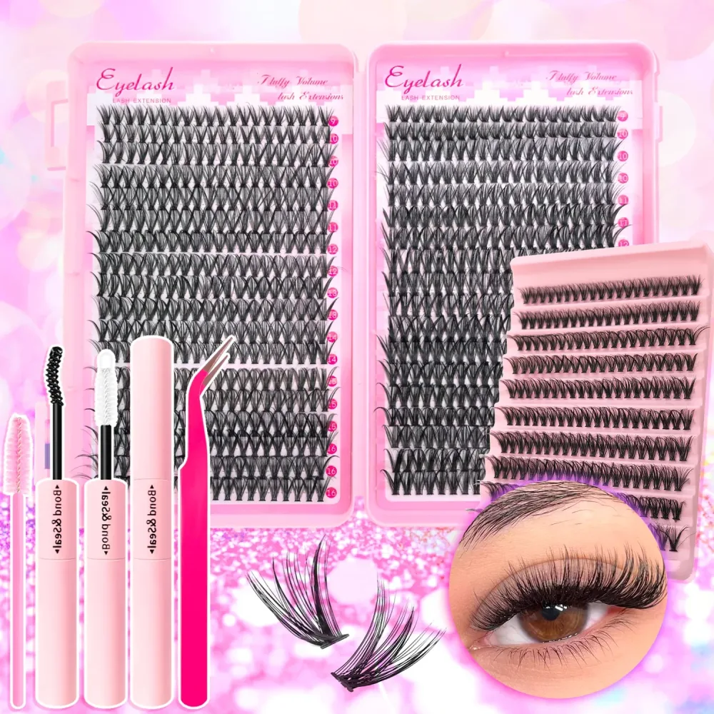 720/200 Stück Wimpernverlängerungs-Set, Fluffy Wimpernverlängerungs-Set mit Wimpernkleber und Versiegelungsmittel, Wimpernpinzette, dicke Wimpernbüschel, Wispy