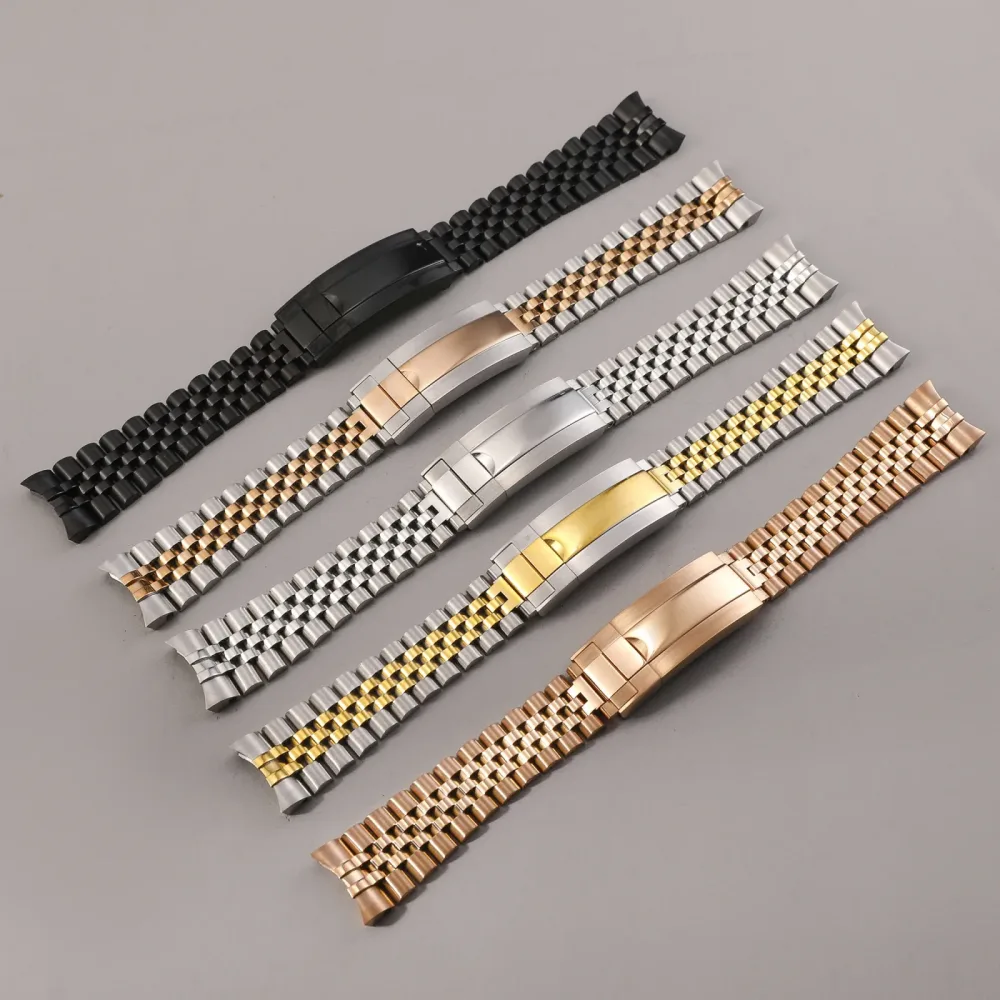 20MM Jubilee-Armband aus 904L Edelstahl mit gebogenem Ende, massivem Fünf-Perlen-Glide-Lock-Verschluss, Armband für Sub Log NH35, Ersatzband