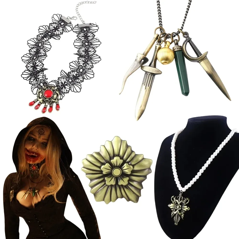 Village Bela Lady Dimitrescu Cosplay Halsketten Kostüm-Requisiten Spiel Resident Spitzenblumenkragen Broschen Halloween Geschenke für Frauen