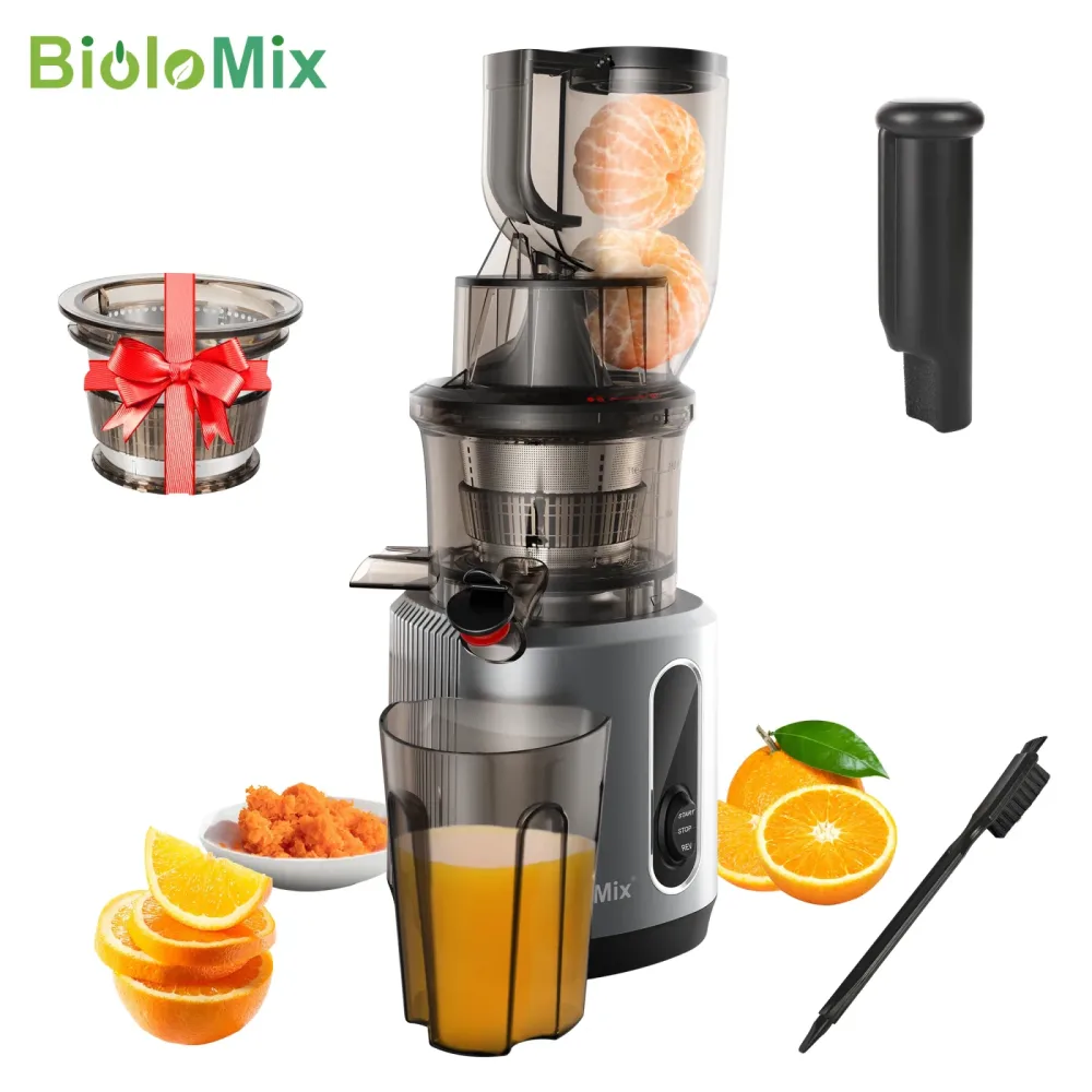 BioloMix Kaltpress-Entsafter mit 75-mm-Einzugschacht, 200 W 40?65 U/min, leistungsstarker Motor, langsam kauender Entsafter, passend für ganze Früchte
