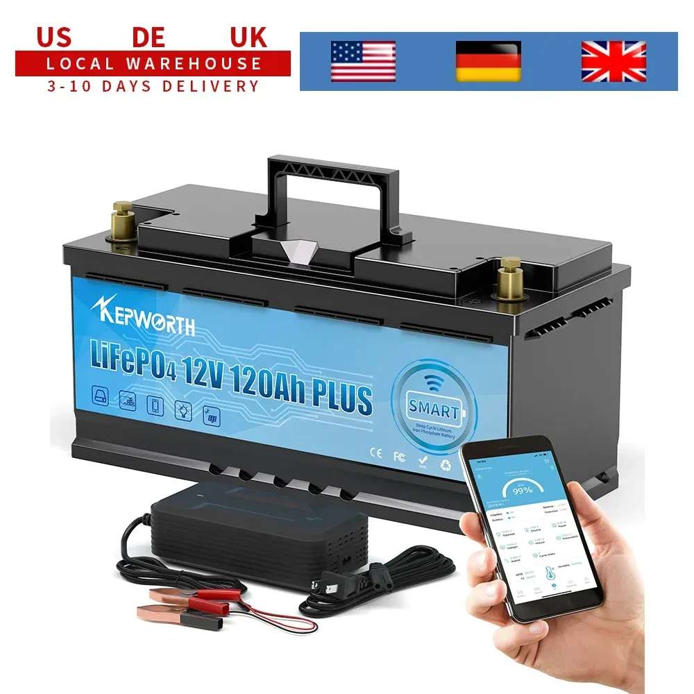 KEPWORTH 12V 120Ah LiFePO4-Batterie, integriertes 120A Bluetooth-BMS, perfekter Ersatz für Blei-Säure-Batterien für Wohnwagen