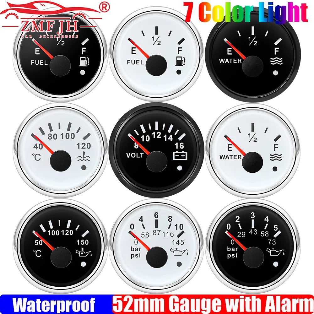 ZMFJH 7-Farben-Lichtzeiger, 52 mm, Kraftstoff-Wasserstandsanzeige, Voltmeter, Öldruckmesser, Wasser-Öltemperaturanzeige mit Alarm optional