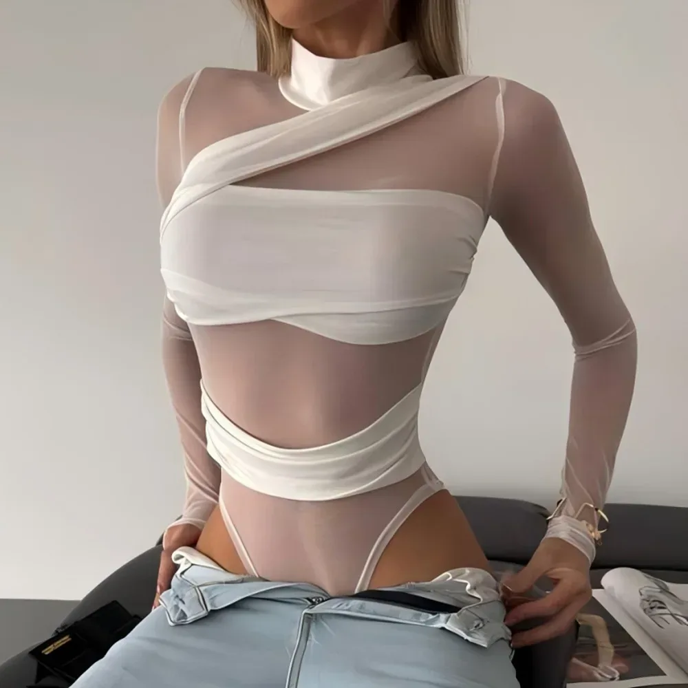 Neuer 2026 Weißer Bandage-Bodysuit für Damen, Transparenter Sexy Slim Stretchy Jumpsuit, Top T-Shirt mit Langen Ärmeln, Design 66005