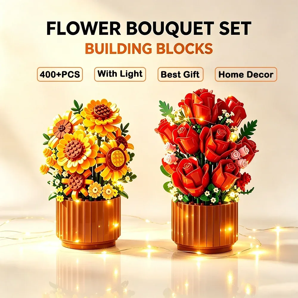 DIY Rosen- und Sonnenblumen-Bausteinset Ewiger Kreativer Puzzle-Bausatz Simulierte Rose im Topf Dekorative Heimdekoration