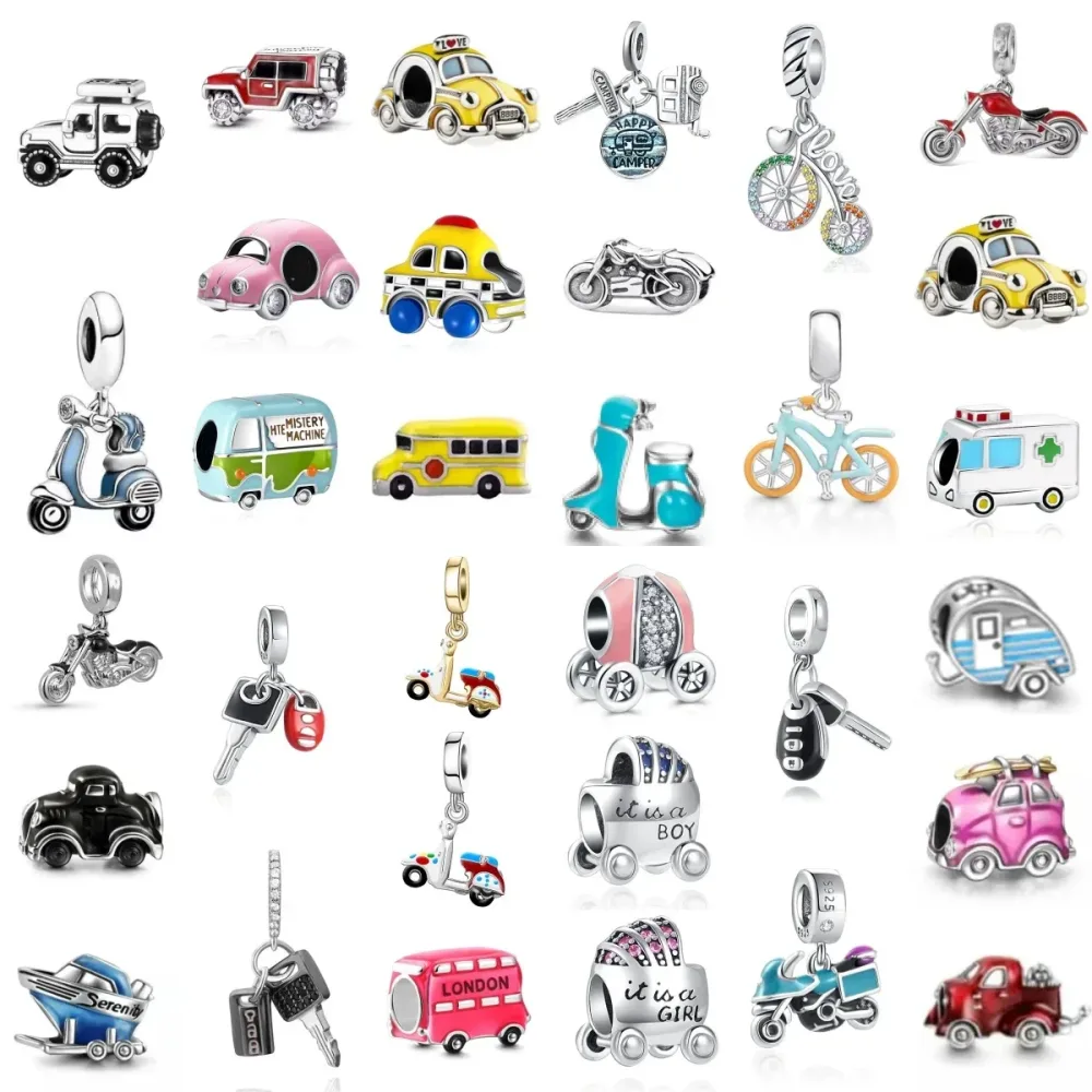 Modischer 925 Silber Elektroauto-, Bus-, Motorrad-, Jeep-, Krankenwagen-Anhänger, Passend für Europäische Armbänder DIY Charm Schmuckzubehör