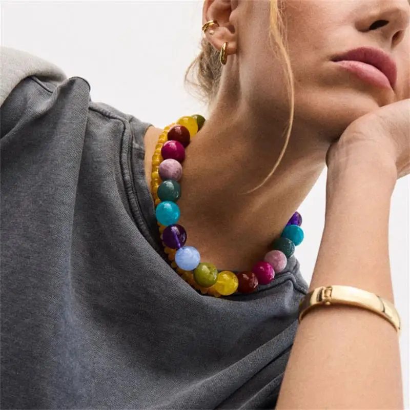 Sommerliche Strand-Halskette mit klobigen Perlen für Damen, mehrfarbig, handgefertigt, Perlen-Choker, Boho-Schmuck, Urlaubsgeschenke, Bijoux