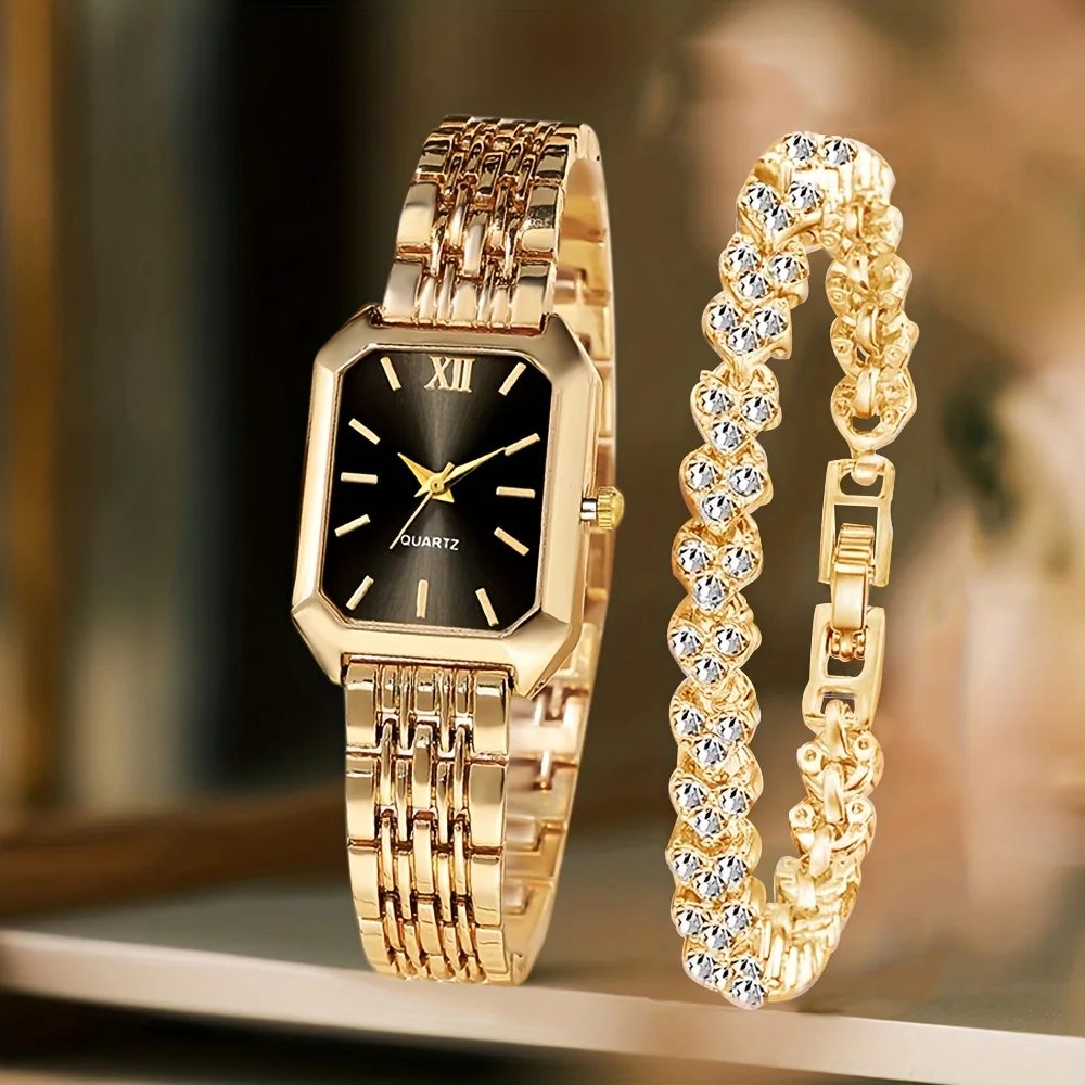2-teiliges Set Modische Rechteckige Damen Quarzuhr mit Römischem Zifferblatt und Strass-Armband, Reloj Mujer, Mädchenuhr, Geschenk