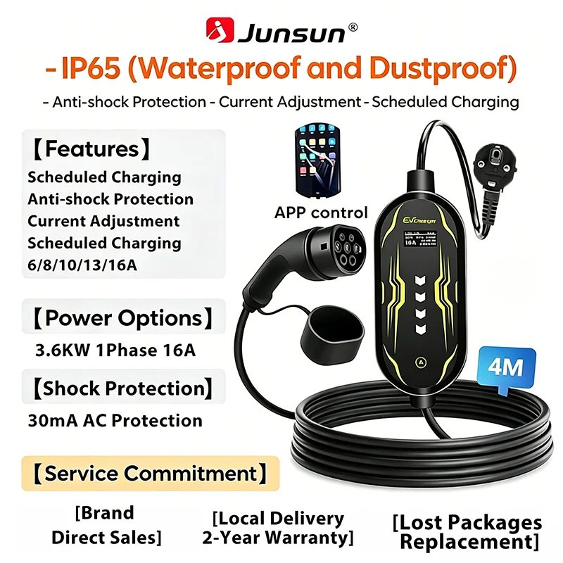 Junsun Typ 2 App-gesteuertes tragbares EV-Ladegerät 6 8 10 13 16 20 24 32A Einstellbarer Strom IP65 Wasserdicht 3 6KW 7KW Kompatibel mit geplanter Ladefunktion Touch-Button-Bedienfeld 2 Jahre Garantie