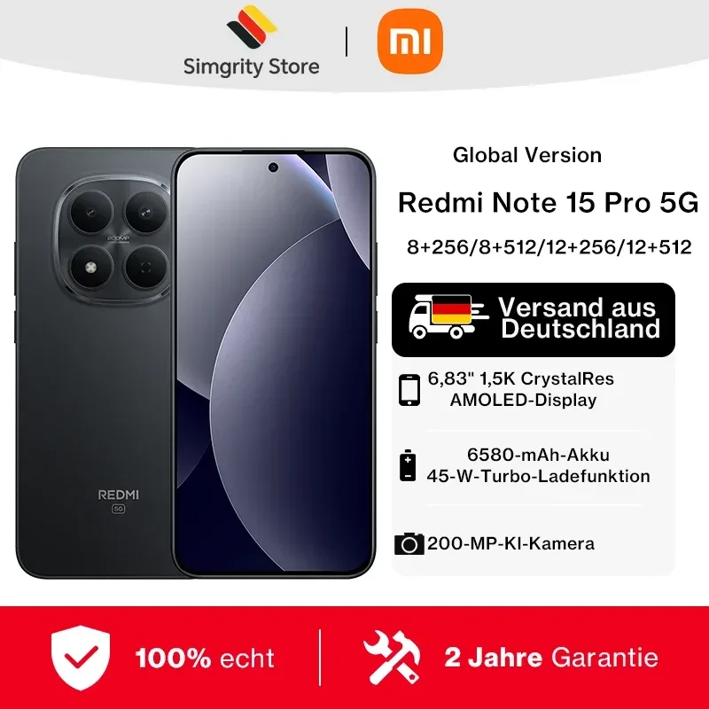 Globale Version Redmi Note 15 Pro 5G Dimensity 7400-Ultra Handy Smartphone 6580mAh 45W Akku 200MP OIS Hauptkamera Xiaomi Mobiltelefon