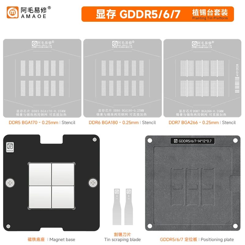 AMAOE BGA-Schablone für Grafikkarten-Speicherchip GDDR7/GDDR6/GDDR5/BGA170/BGA180/BGA266. Direktheizung. Zinn-Pflanzplattform
