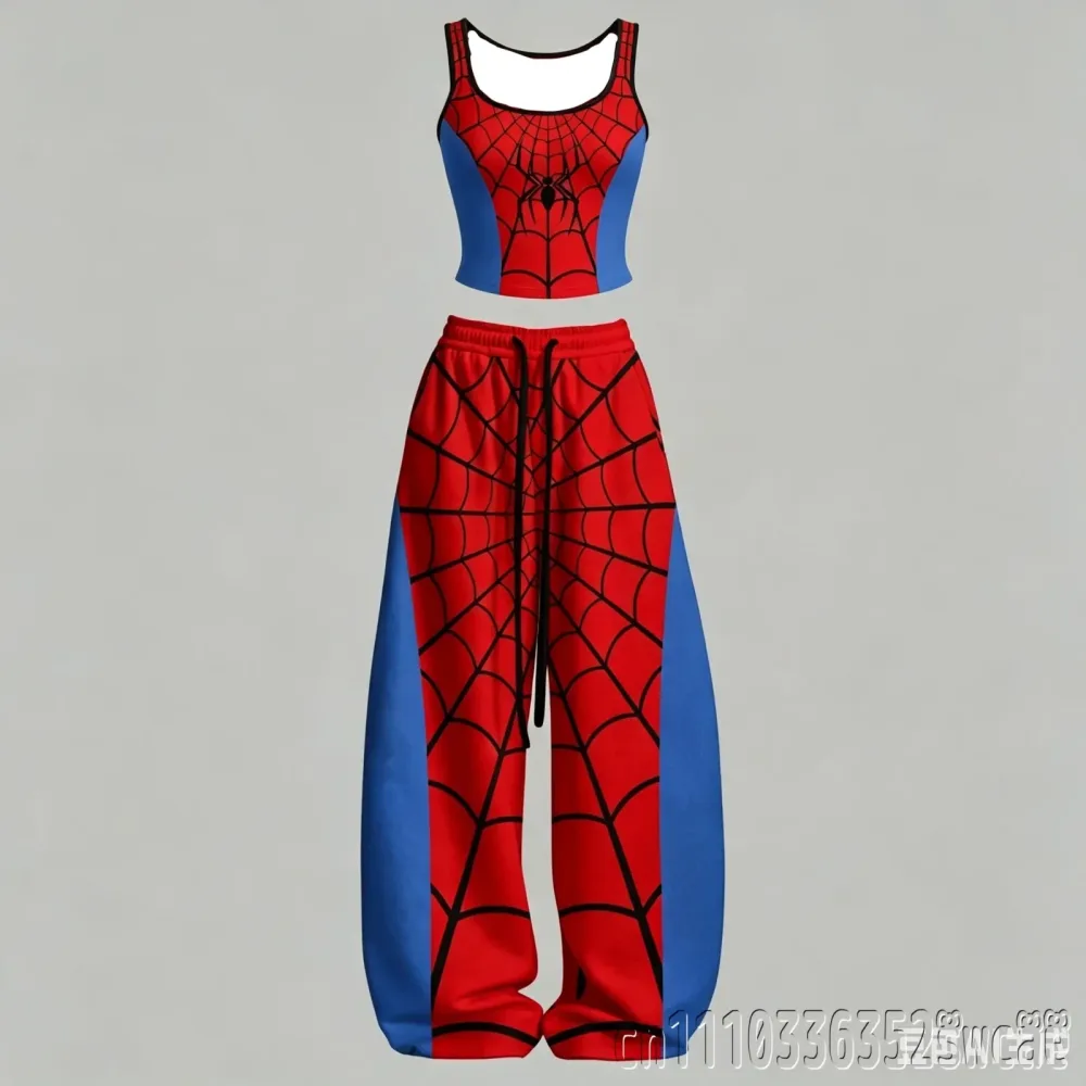 2026/27 Spinnennetz-Print Crop-Tanktop und Weitbein-Hosen-Set Lässiger Zweiteiler Trainingsanzug Hot Girl Streetwear Outfit für Familie K