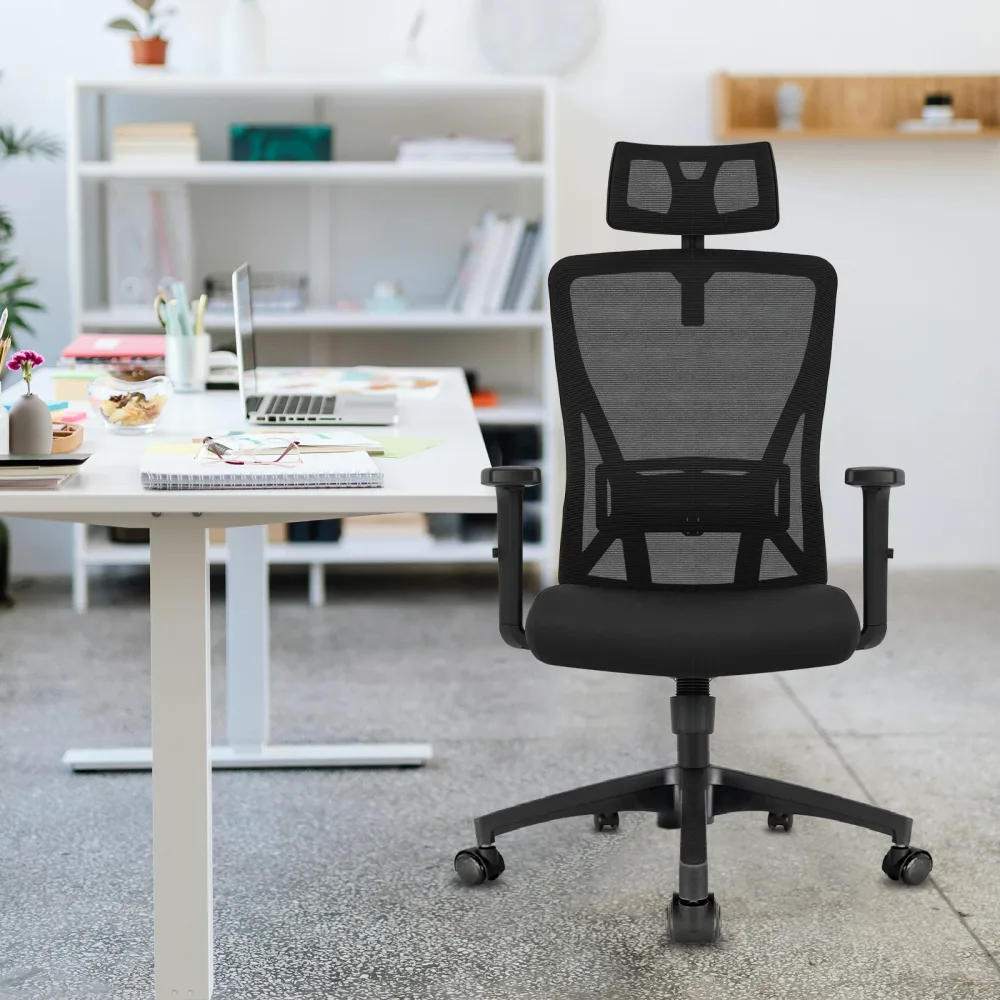 Durrafy Bürostuhl, Computer-Schreibtischstuhl, ergonomischer Chefsessel mit Lordosenstütze, verstellbarer Drehstuhl, schwarz