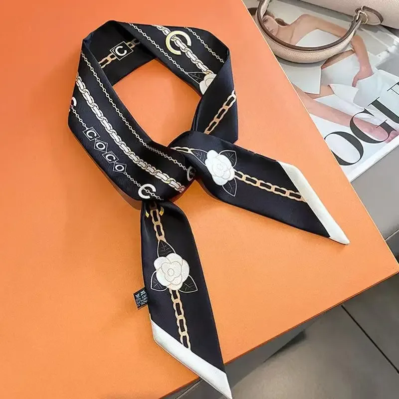 5*90cm Französisch elegante schwarz-weiße Tasche mit gebundenem Griff, langer kleiner Seidenschal, doppelseitiges Twill-dünnes Band-Stirnband für Damen