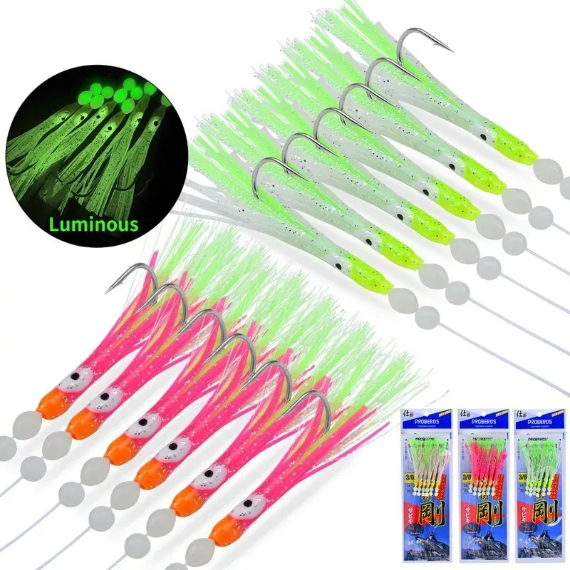 6 Stück OPP/Set Leuchtende Cluster-Softköder, Aal-Sabiki-Rigs, Schnurhaken, Köder für Fische, Saury, Tintenfisch, Makrele, Scad, Salzwasserangeln
